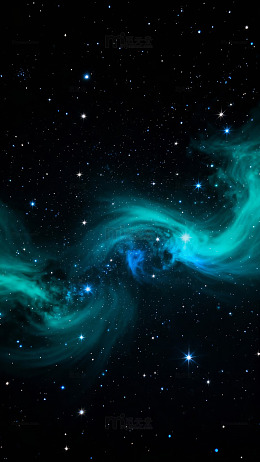 深邃宇宙中闪烁星点与蓝绿色星云交织