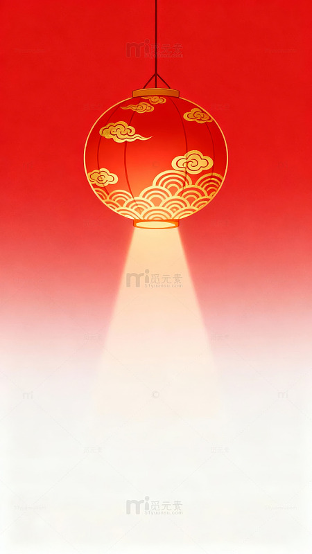 红色背景下的金色云纹灯笼散发温暖光芒