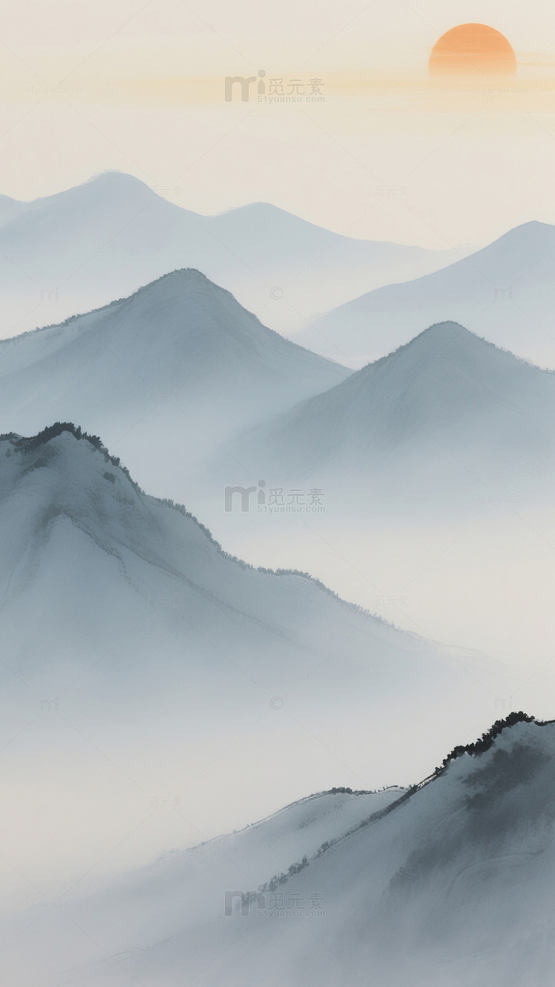 水墨山水画日出山峦图