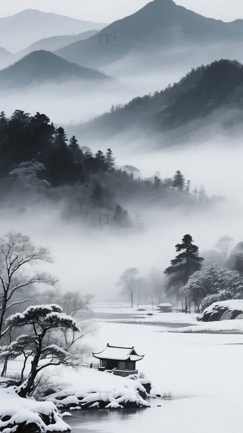 水墨冬日山林雪景国画
