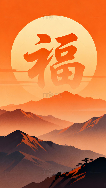 夕阳山峦福字艺术插画