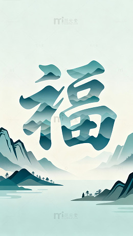 山水福字中国风艺术插画