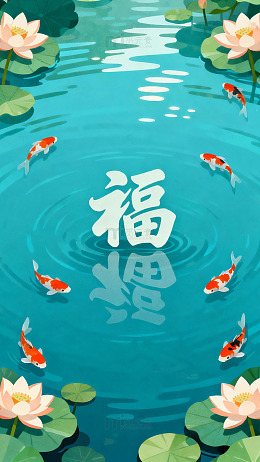 锦鲤荷花福字水彩画