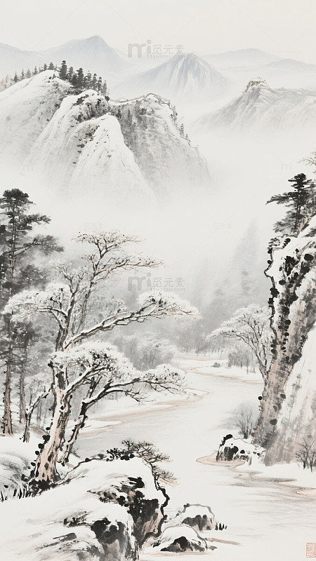 水墨山水画冬日雪景1