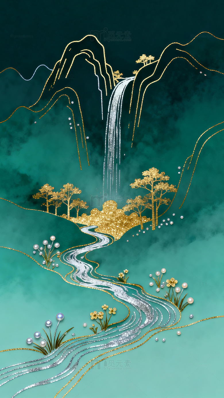 金线山水意境插画