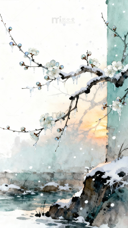雪中梅花山水水彩画