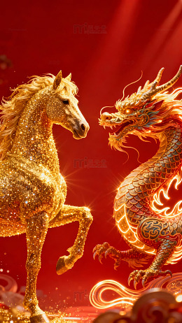 金色骏马与火焰巨龙在红色背景下的奇幻对峙