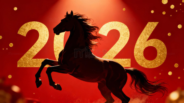 奔腾骏马跃动于金色2026背景之上