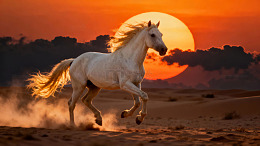 白色骏马在日落沙漠中奔跑扬起尘土