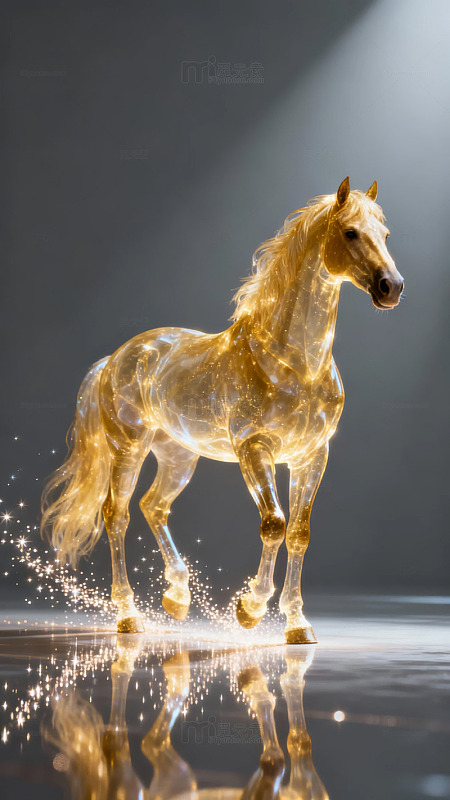 金色光影中奔跑的骏马倒影清晰