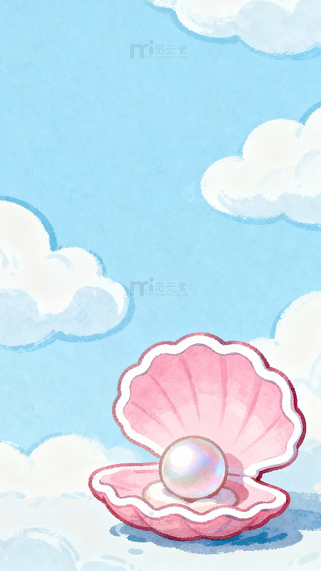 贝壳珍珠天空水彩画
