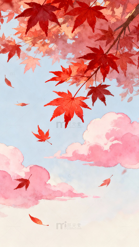 秋日枫红云霞水彩画