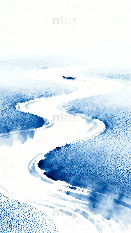 水墨蜿蜒河流远舟图