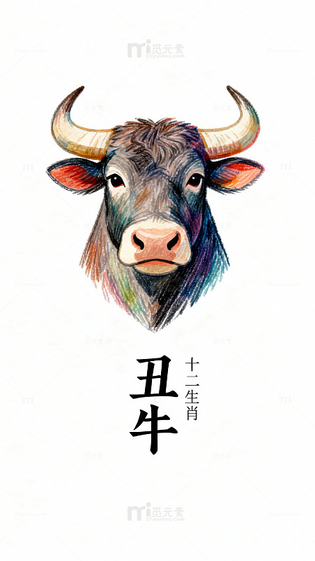 彩笔丑牛生肖插画