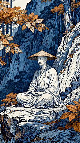 水墨风禅意山崖静坐图