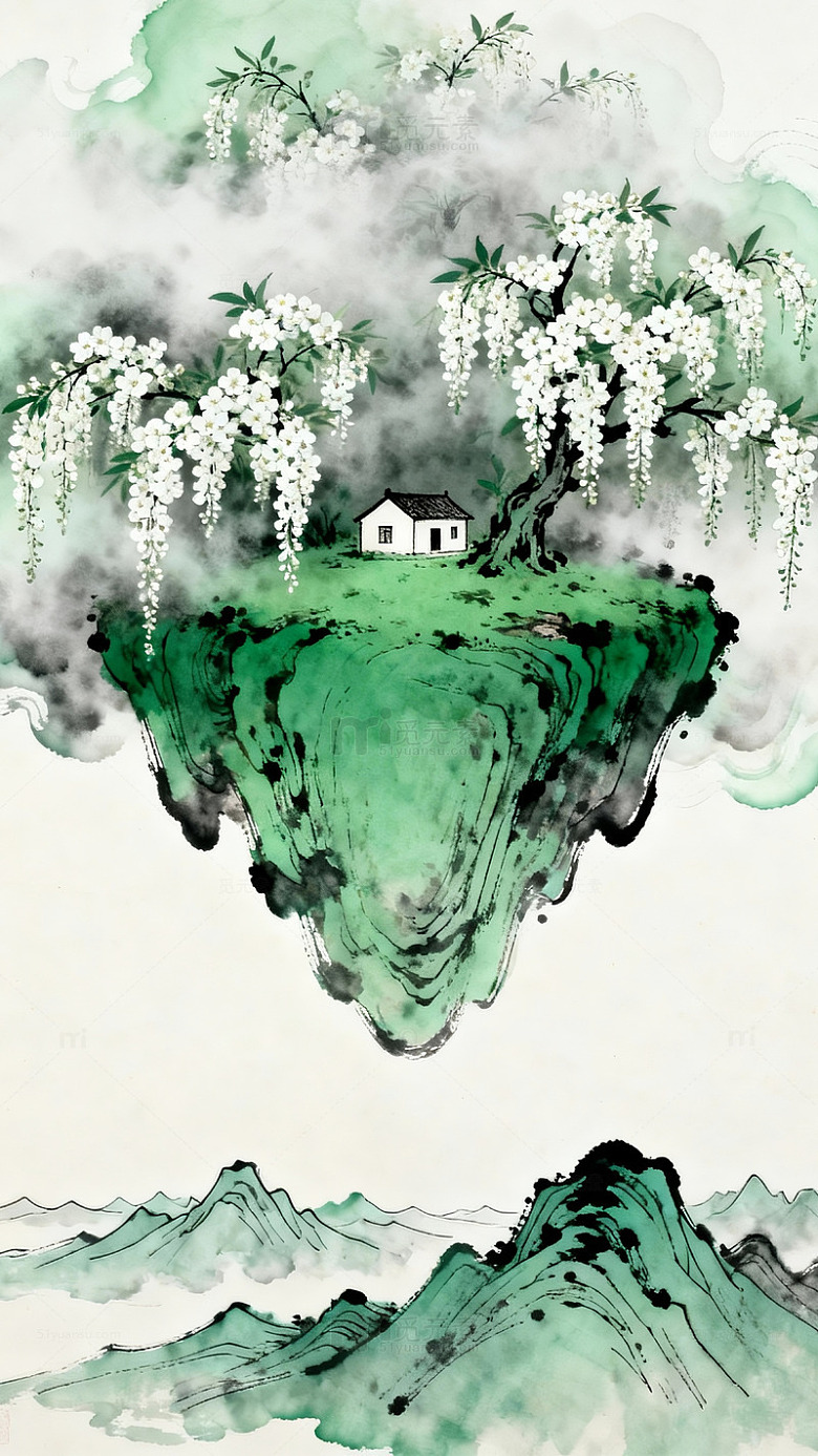 水墨山水画悬浮岛屿风光