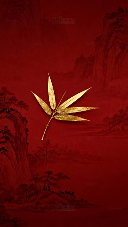 红底金叶山水画艺术图片