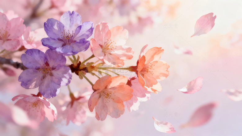 樱花绽放花瓣飘落的美丽春日景象