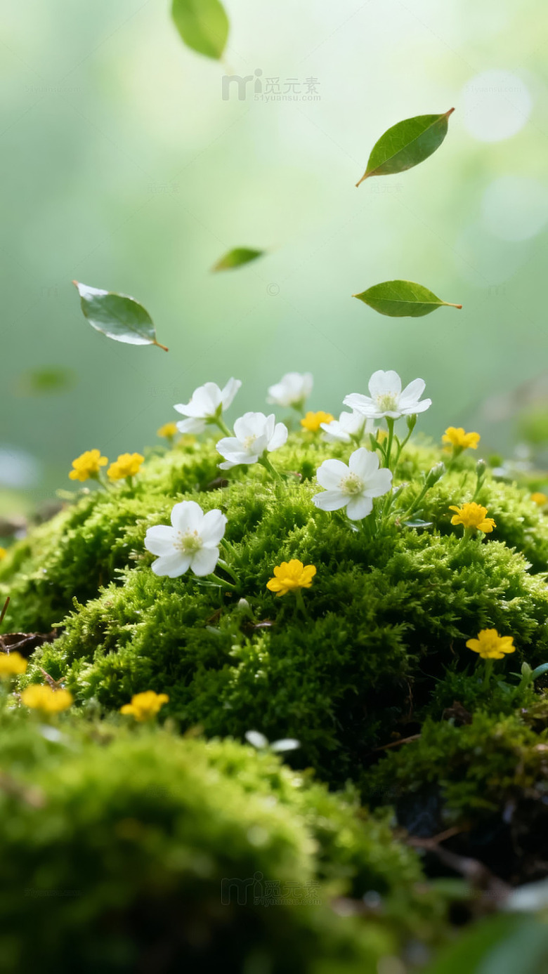 绿苔丛中白花绽放黄花点缀微风轻拂叶片飘舞