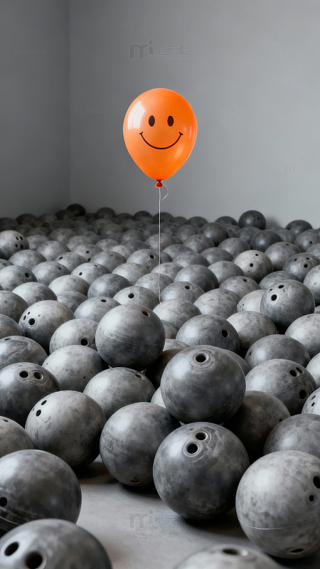 橙色笑脸气球悬浮于灰色保龄球堆之上