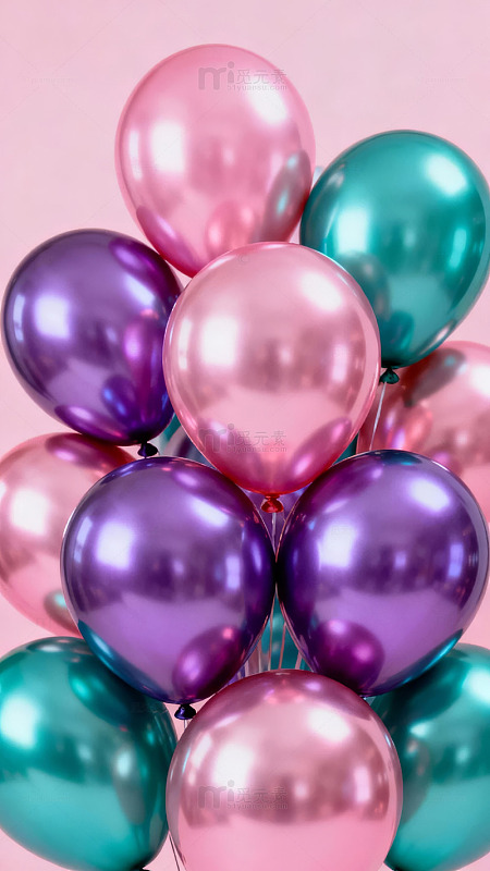 粉色背景上色彩鲜艳的金属质感气球堆