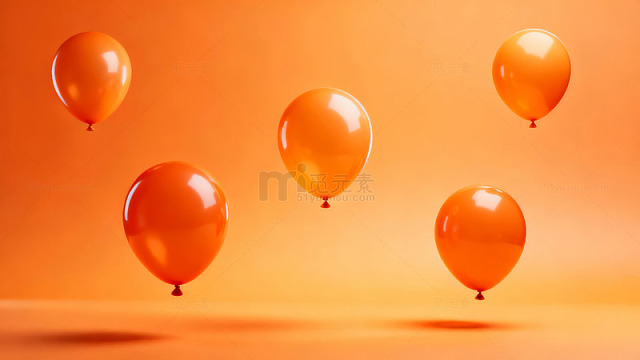 五个橙色气球漂浮在温暖色调背景上