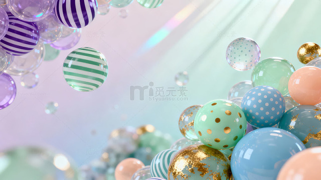 多彩气泡悬浮于梦幻渐变背景中
