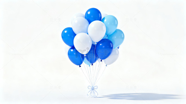 一束蓝白相间的气球在纯白背景前漂浮