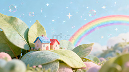 梦幻小屋彩虹绿叶构成的童话场景