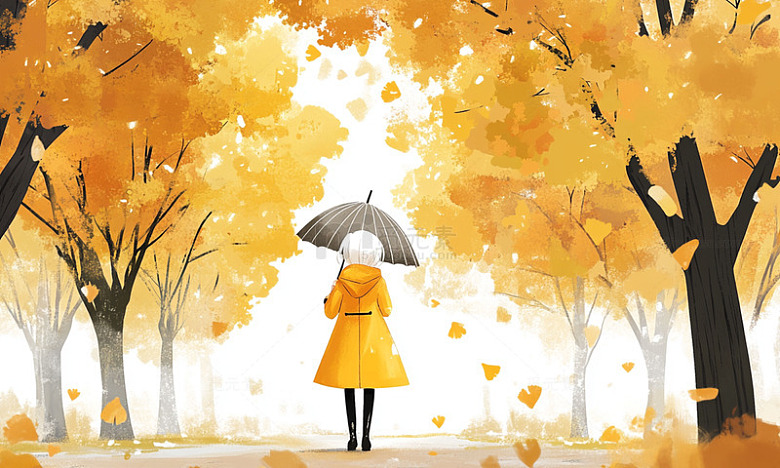 秋日漫步雨伞插画图片