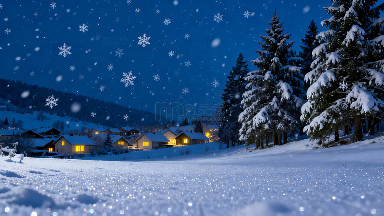 冬夜雪景中灯火温暖的村庄与松树-5433