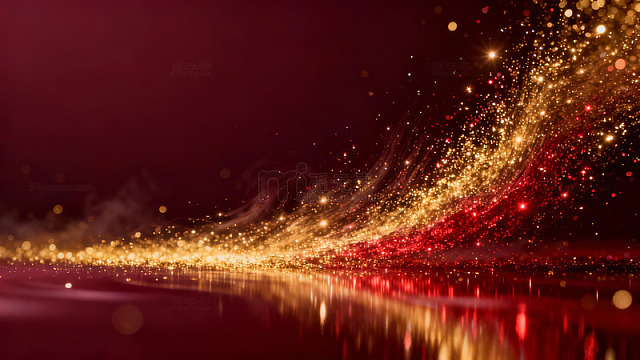 闪耀金色光波在深红色背景中流动
