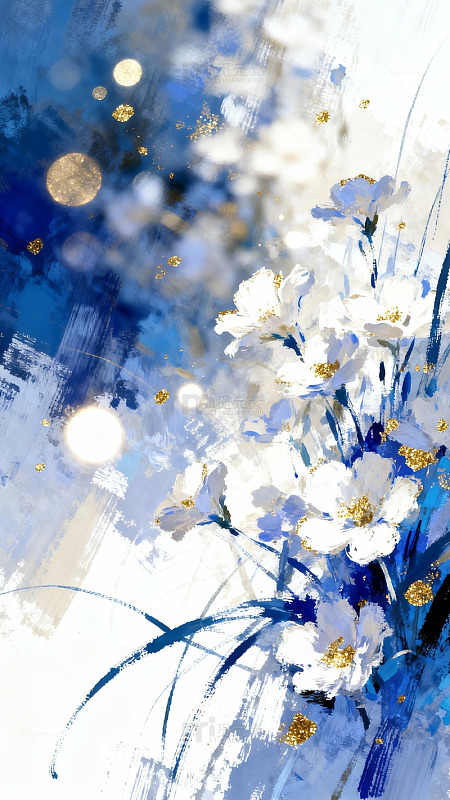 抽象花卉蓝白色调艺术画作