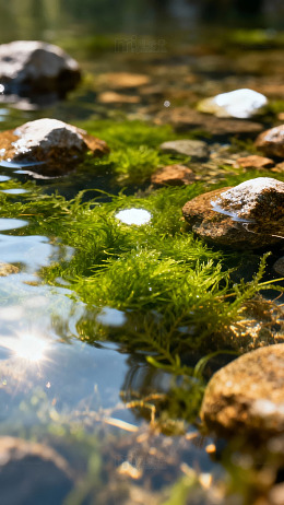 清澈溪流中青苔覆盖的石头与水草