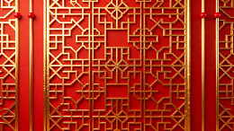 红色背景上的金色中式几何图案装饰