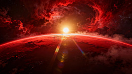 宇宙星球日出景象红色云层与光芒交相辉映