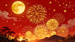 夜空中绽放的烟花与明亮的满月交相辉映