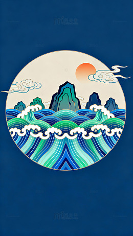 东方山水日落艺术插画