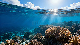 阳光穿透水面照亮海底珊瑚礁的美丽景象