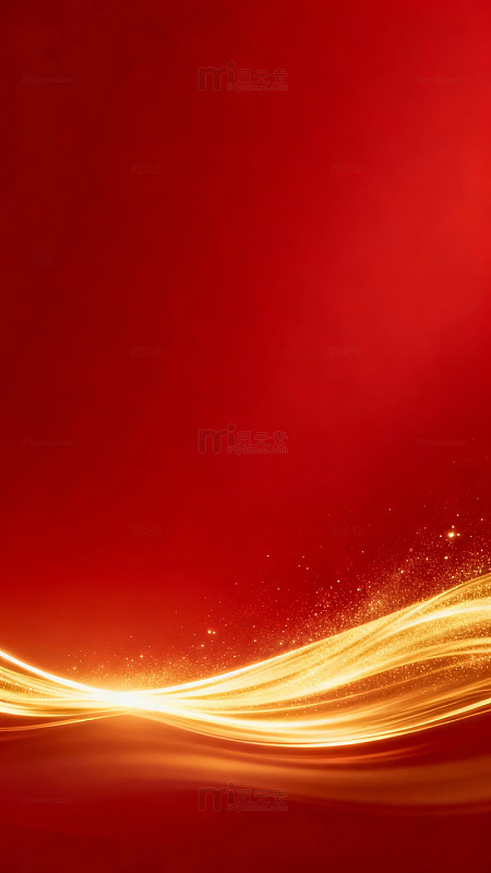 红色背景上的金色波浪光效图案-7421
