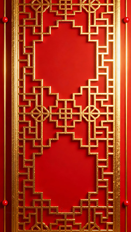 红色背景金色中式几何图案装饰设计