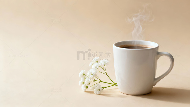 一杯热饮旁的白色小花在柔和光线下