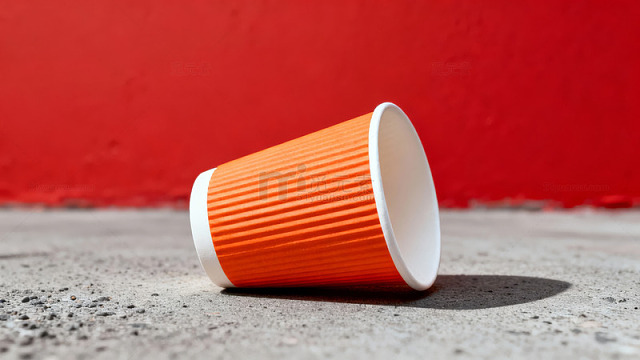 橙色纸杯倾倒在红色背景前的灰色地面上