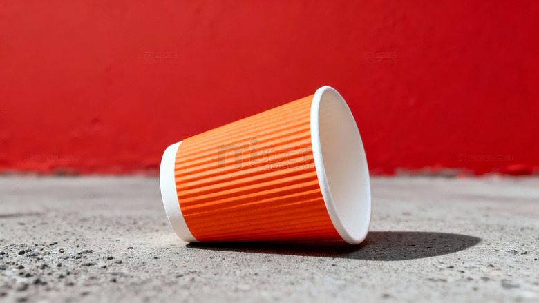 橙色纸杯倾倒在红色背景前的灰色地面上