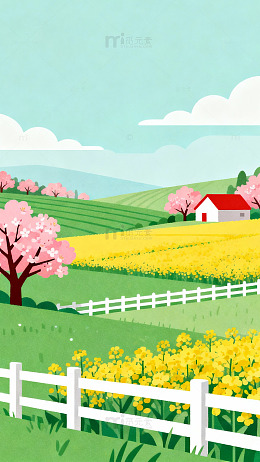 田园风光春天油菜花盛开插画