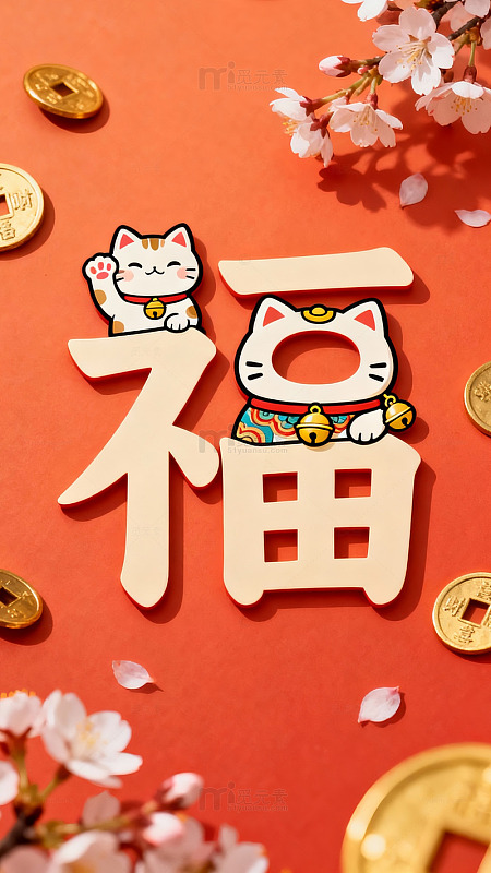招财猫福字樱花金币装饰图