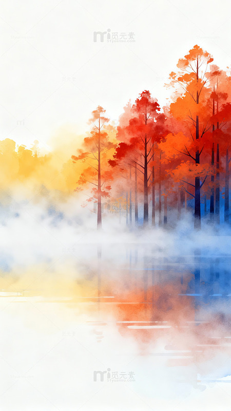 水彩秋林雾霭风景