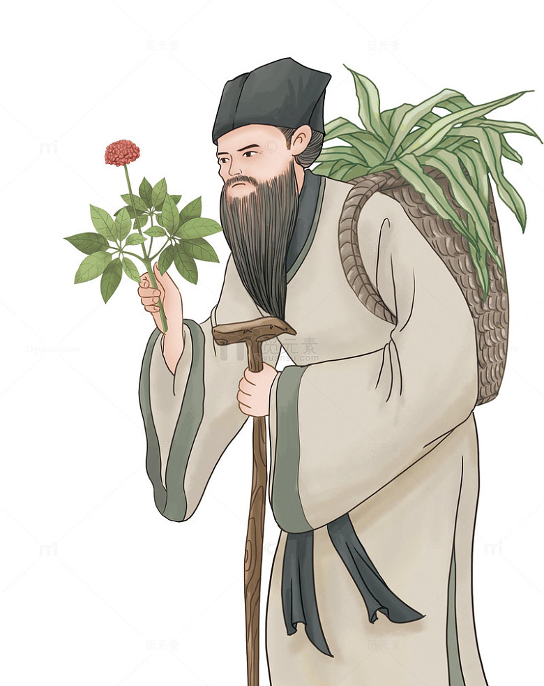 古代采药老者形象神农尝百草插画