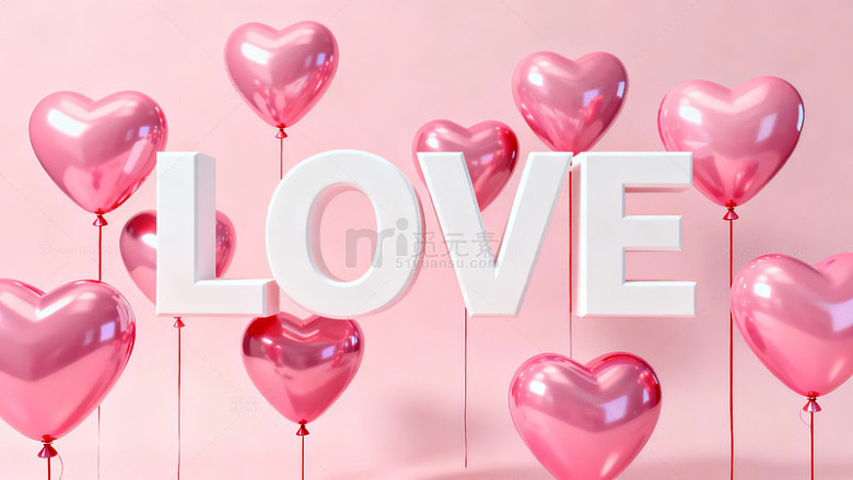 粉色心形气球与LOVE字样