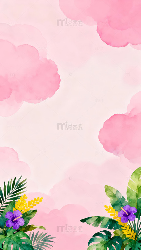 粉色背景下的热带植物插画